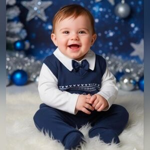 NWT HOLIDAY Knitted Vest Set | Navy Blue Formal Baby First Holiday Cotton🎁❤️